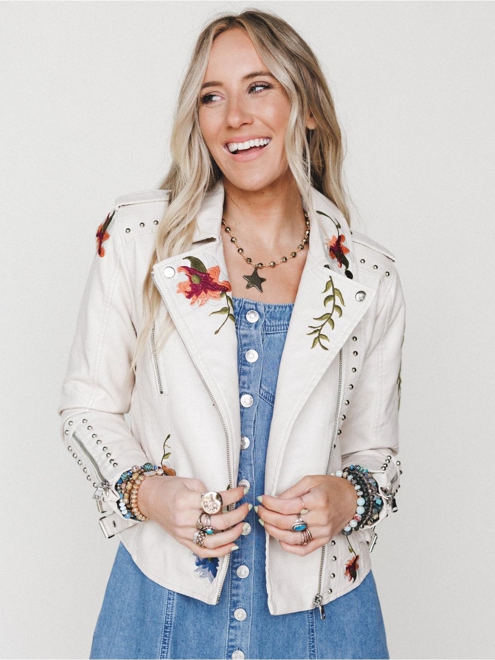 Blank NYC Embroidered Moto Jacket with Studs Faux Leather